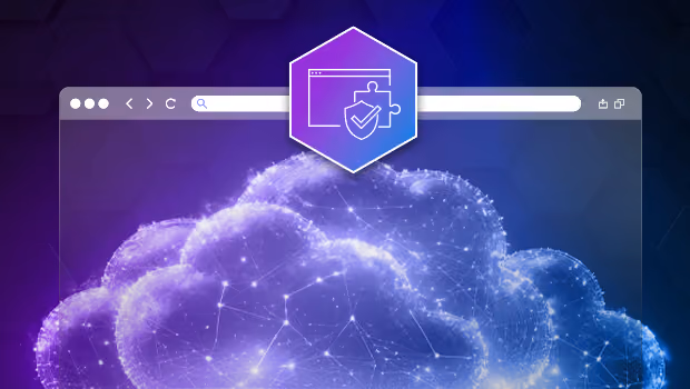 Digital cloud with network connections and a browser window icon showing security and puzzle piece.