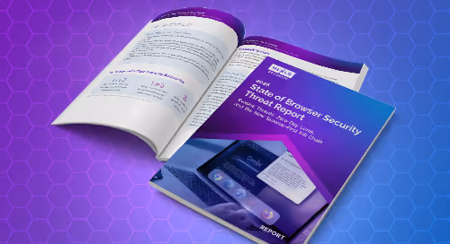 Open security report booklet titled 'State of Browser Security Threat Report' on a purple hexagonal background.