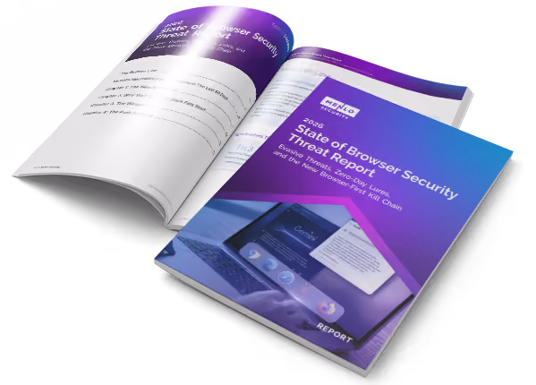 Open and closed 2026 State of Browser Security Threat Report booklets with purple covers and tech graphics.