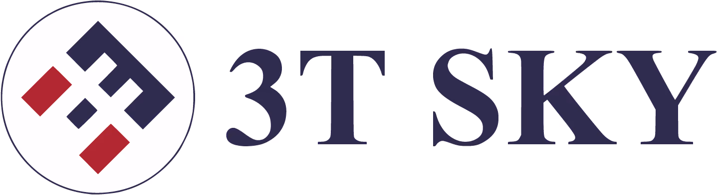 3T SKY company logo featuring a geometric design with navy blue and dark red shapes enclosed in a circle next to the text '3T SKY' in navy blue serif font.