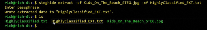 Image of a code: Steghide Runs Command to Extract Embedded Data to a Separate File