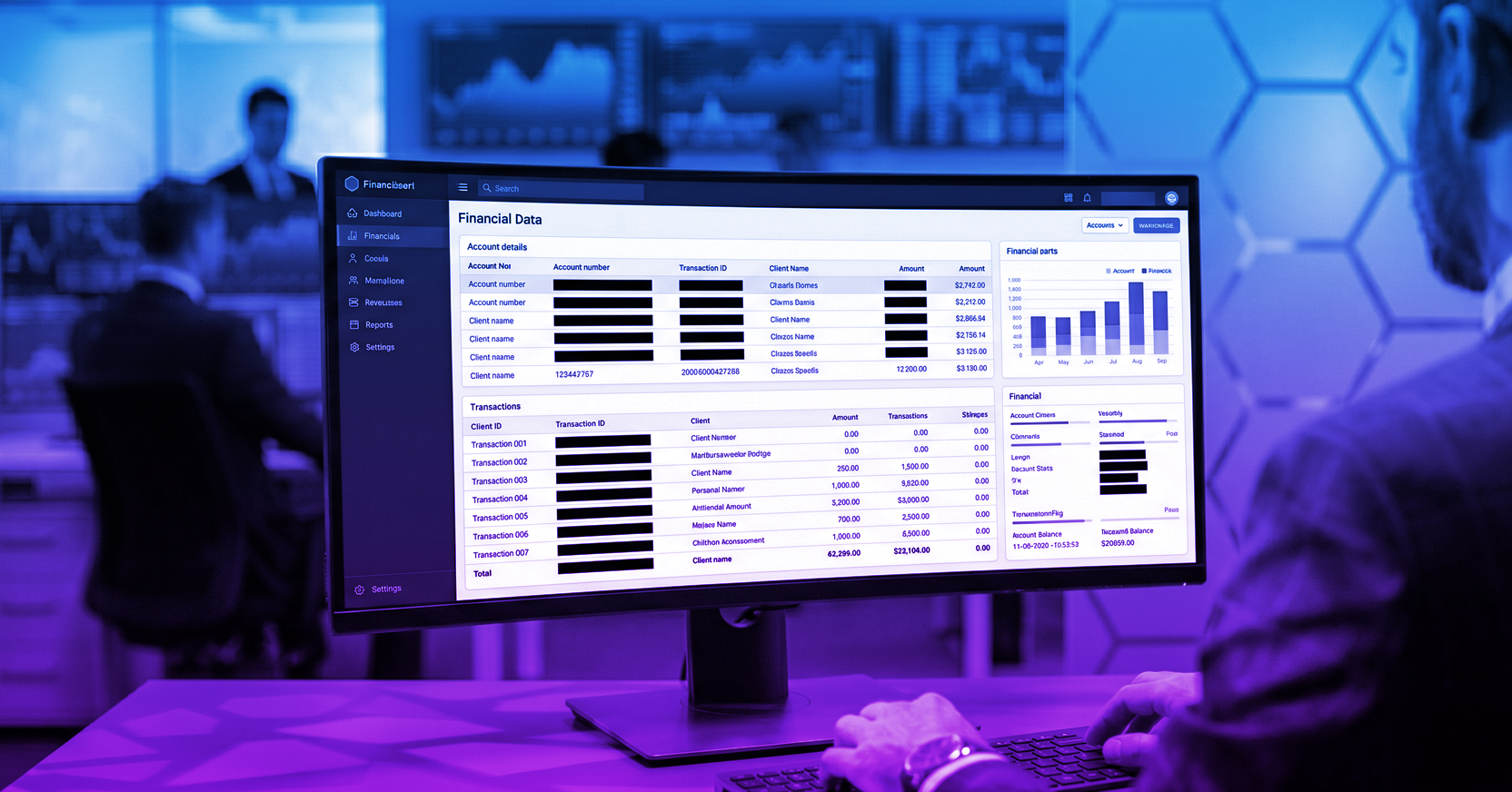 Person viewing a financial data dashboard screen with charts, transactions, and account details.
