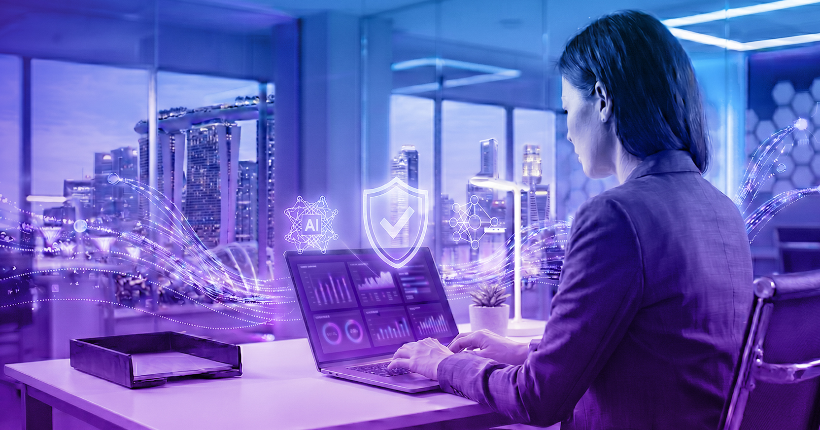 Businesswoman utilizing advanced AI technology in a high-tech Singapore corporate office at night, featuring the Marina Bay Sands skyline.