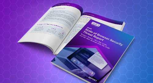 Mockups of the Menlo Security "2026 State of Browser Security Threat Report" set against a vibrant purple and blue hexagonal background