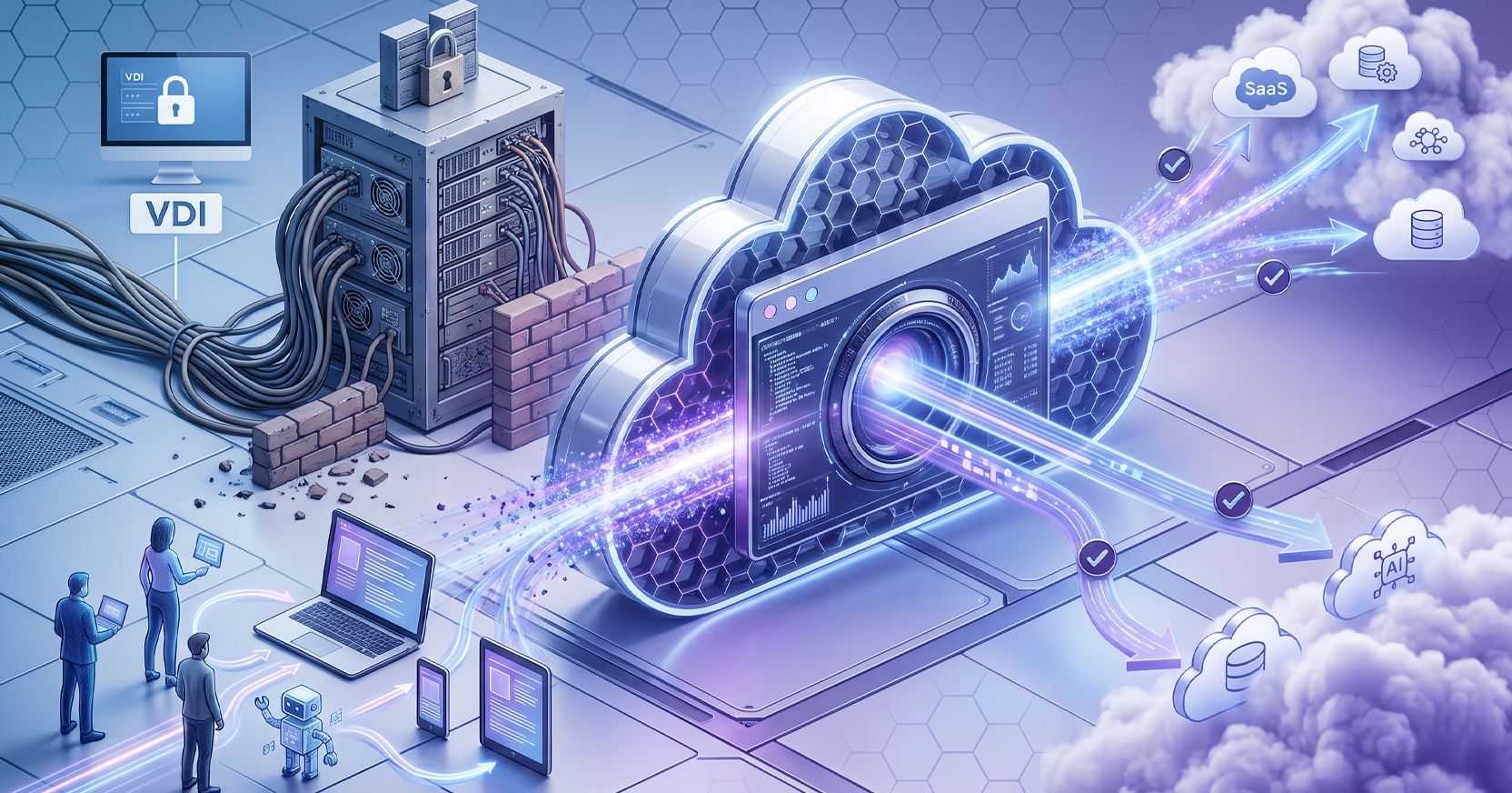 Graphic representing virtual desktop infrastructure (VDI) modernization and secure browser alternatives.