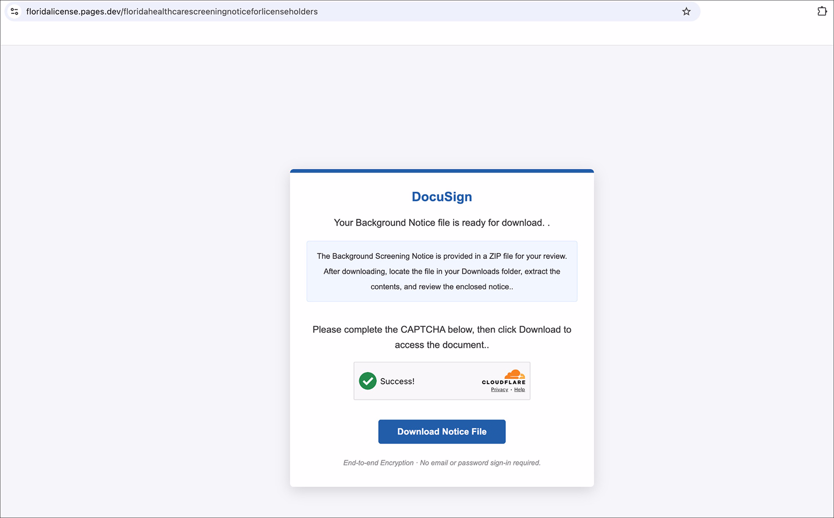 Fraudulent DocuSign-themed Florida Background Screening Notice landing page hosted on Cloudflare Pages, showing a fake verification challenge.