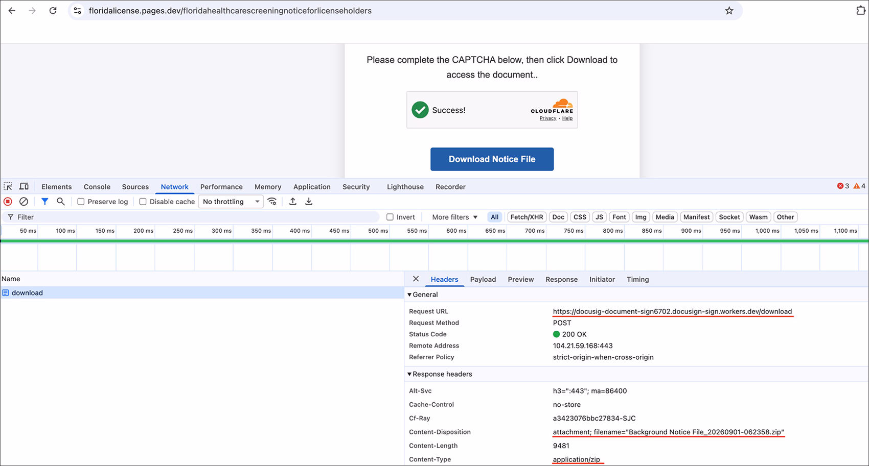 Browser network request panel showing a POST request to the Cloudflare Workers endpoint returning the malicious ZIP archive as an application/zip attachment.