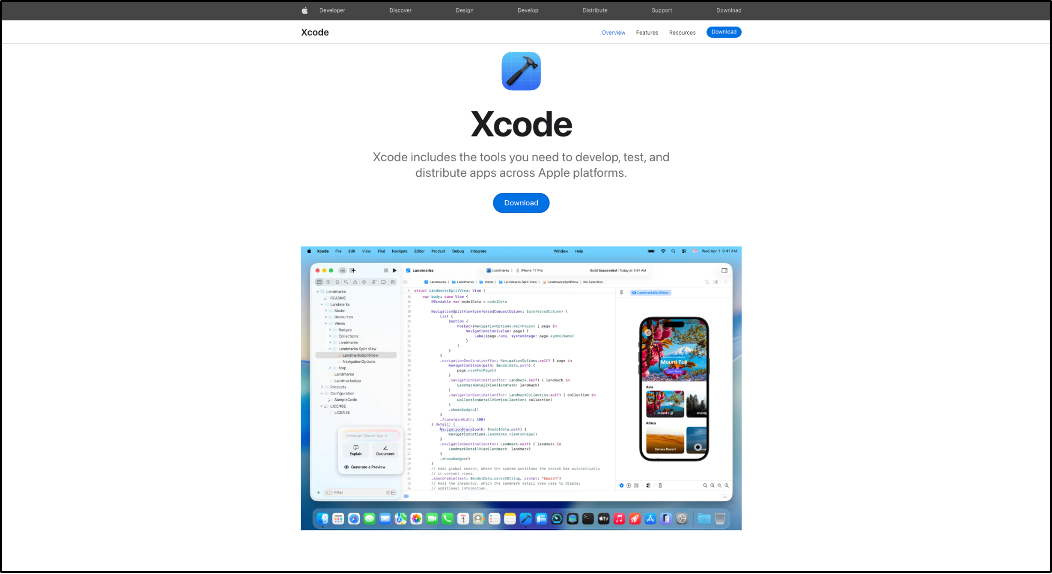 Screenshot of a fake Xcode download webpage mimicking Apple's developer site, featuring the Xcode logo, descriptive product text, a blue Download button, and preview screenshots of the Xcode IDE interface.