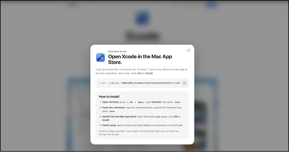 Fake Xcode modal window instructing the user to copy and run a Terminal command.