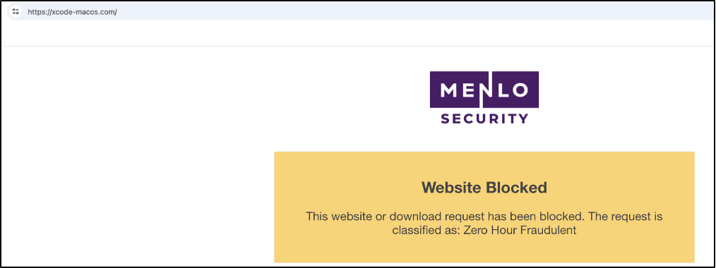 Menlo HEAT Shield block screen warning for xcode-macos.com.