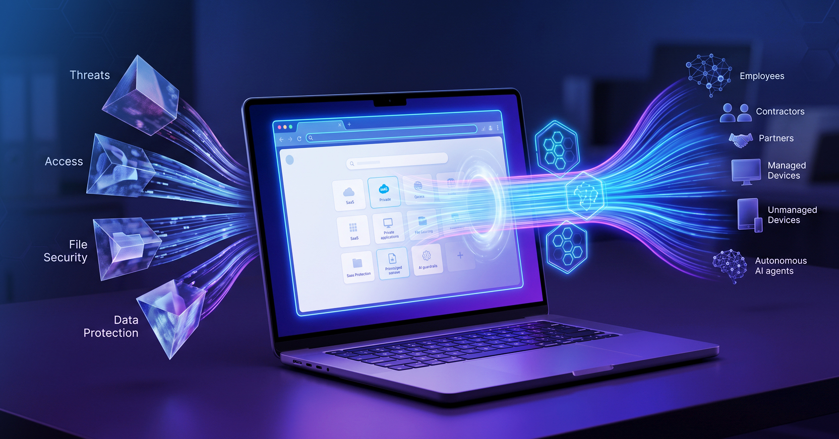 Abstract cybersecurity graphic featuring glowing blue digital network nodes and interconnected data pathways.
