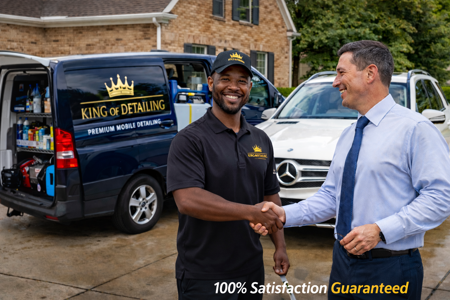 Two men shaking hands in front of a King of Detailing service van and a white Mercedes SUV, promoting guaranteed satisfaction.