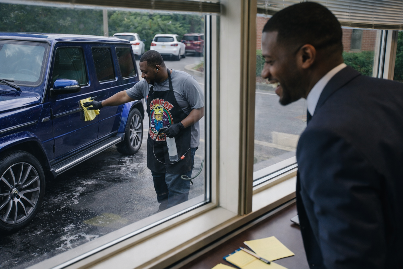 Man wearing an apron cleaning a blue SUV outside while another man in a suit smiles and watches through a window.