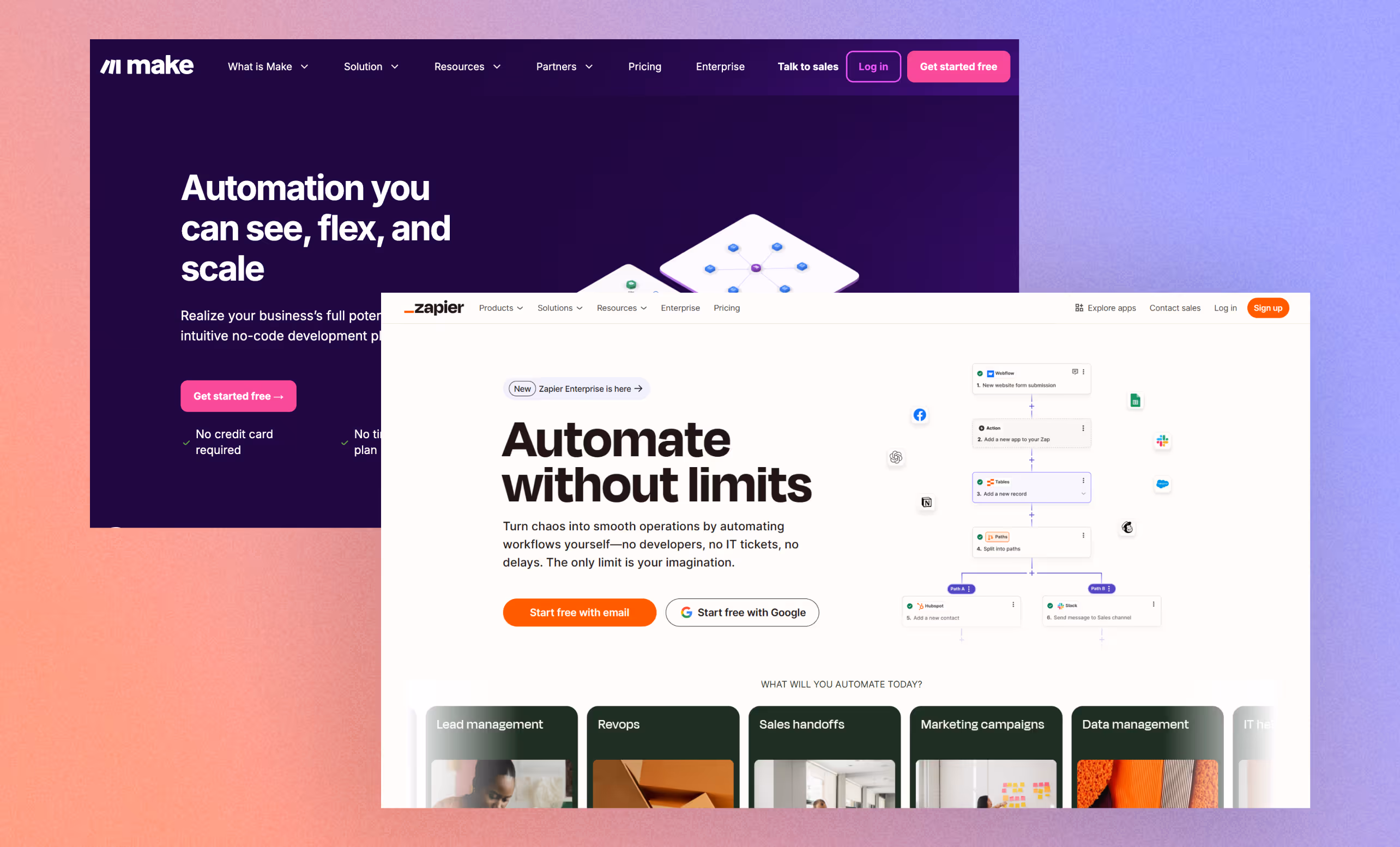 Visual comparison of third-party automation tools Zapier and Make used to connect Webflow and HubSpot.