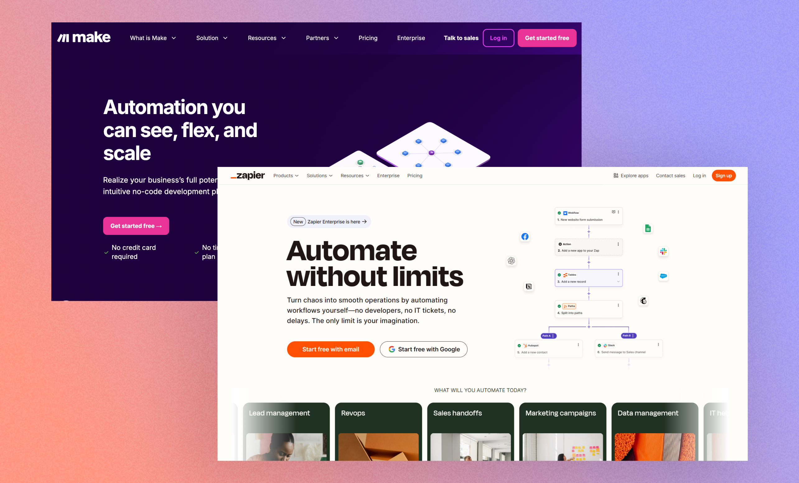 Visual comparison of third-party automation tools Zapier and Make used to connect Webflow and HubSpot.