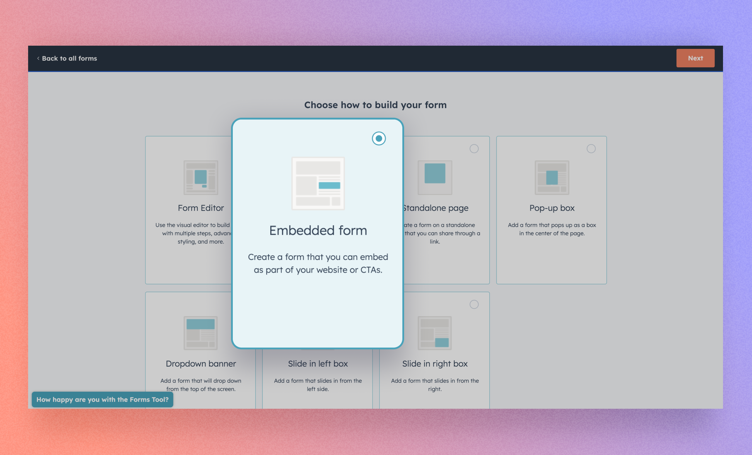 HubSpot form builder interface showing where to click to create an embedded form for integration with a Webflow website.