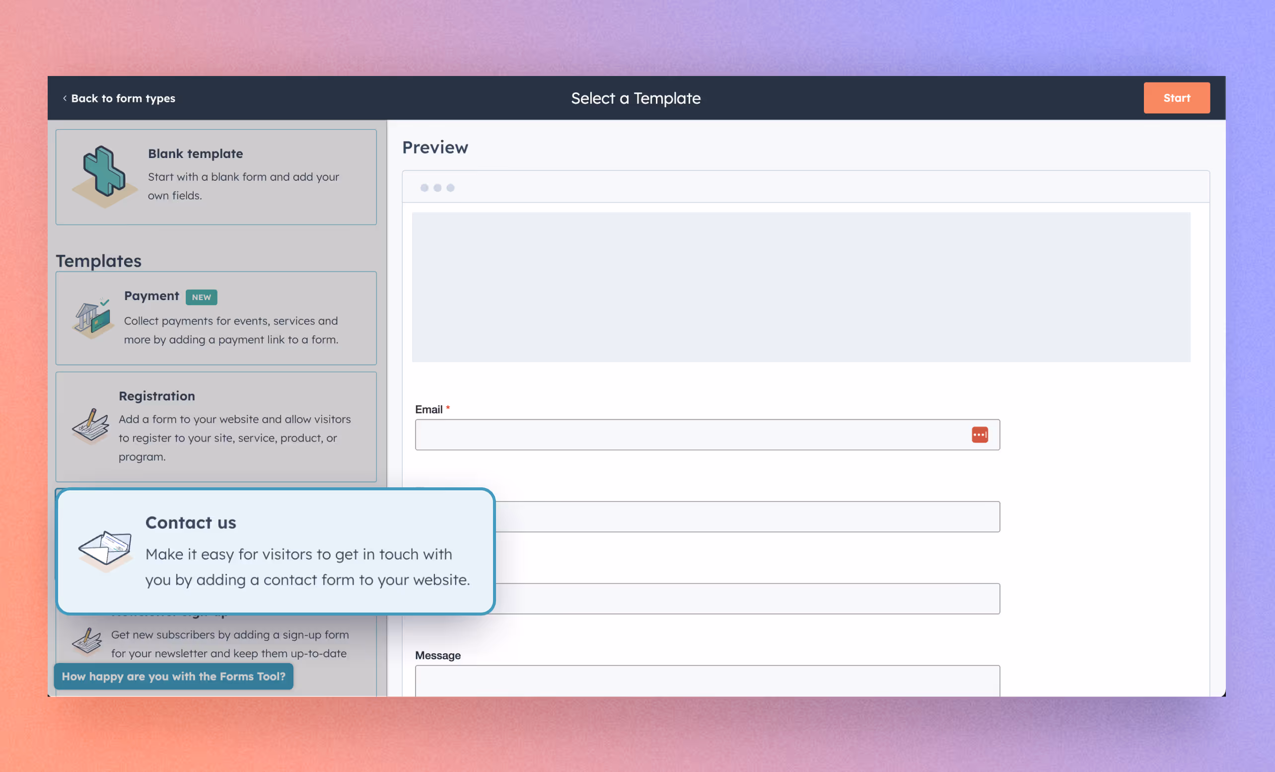 HubSpot form builder showing the initial form creation process for embedding into a Webflow site.
