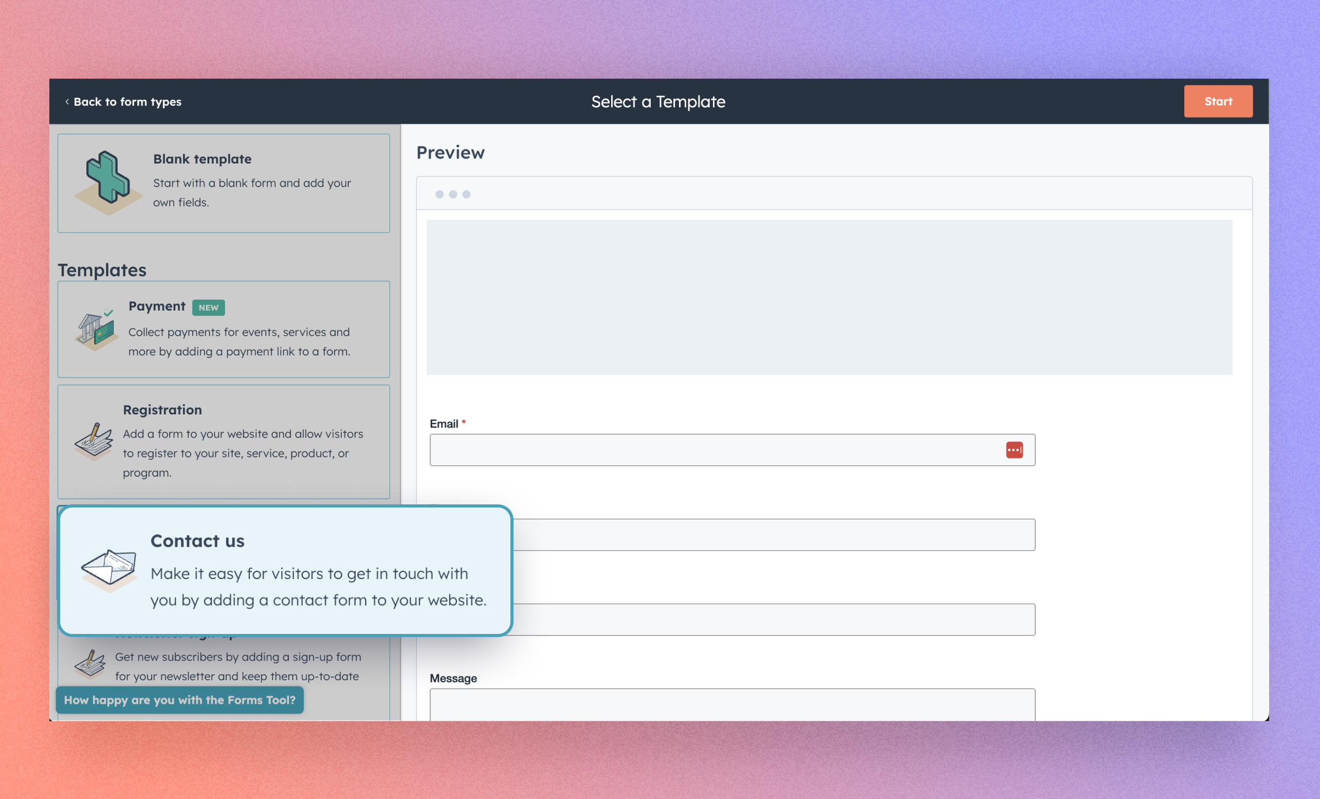 HubSpot form builder showing the initial form creation process for embedding into a Webflow site.