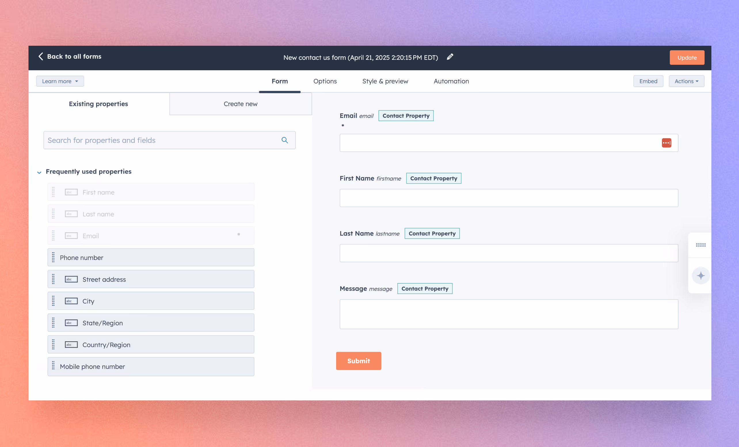 HubSpot interface for customizing form style and settings before embedding into Webflow.
