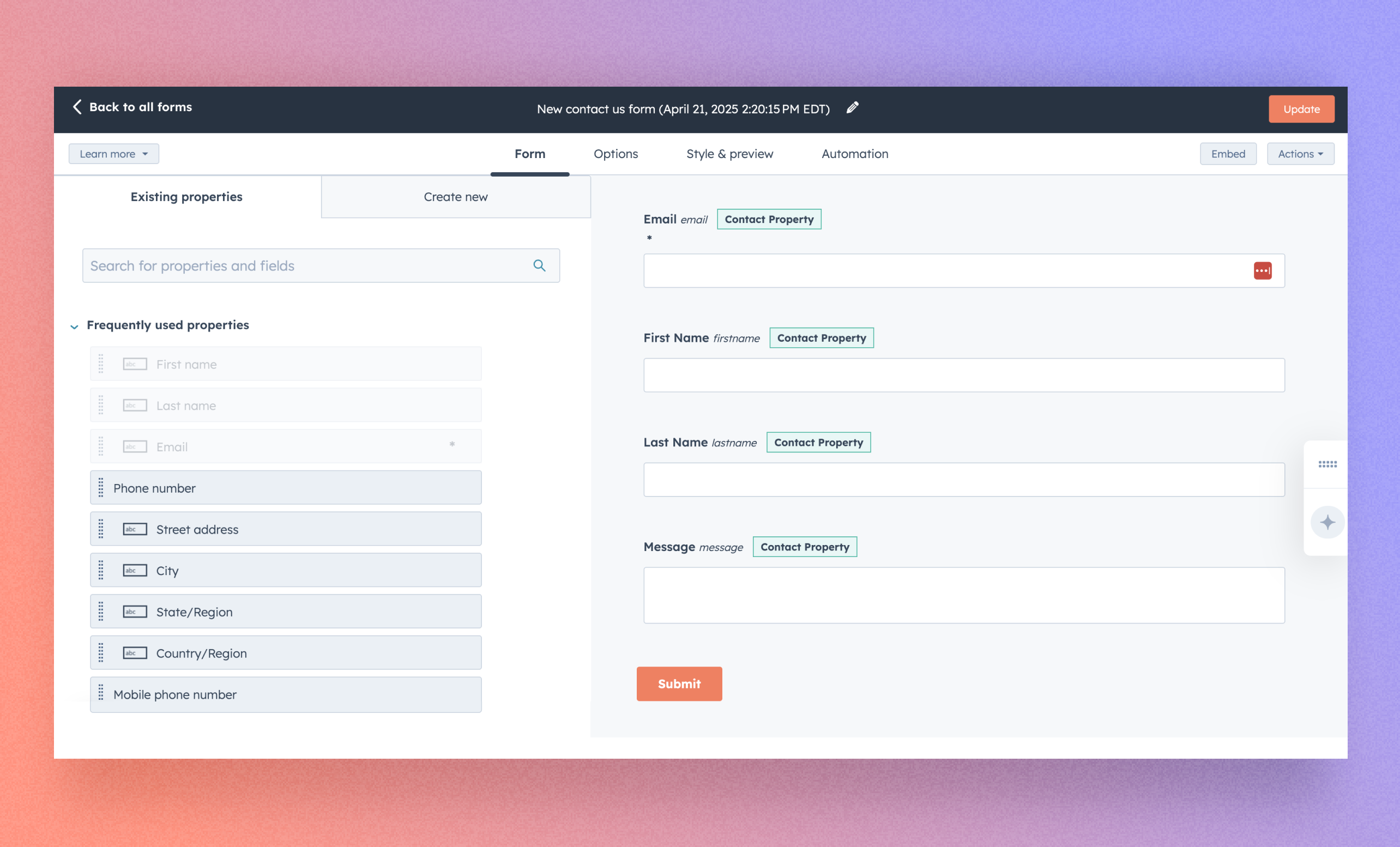 HubSpot interface for customizing form style and settings before embedding into Webflow.