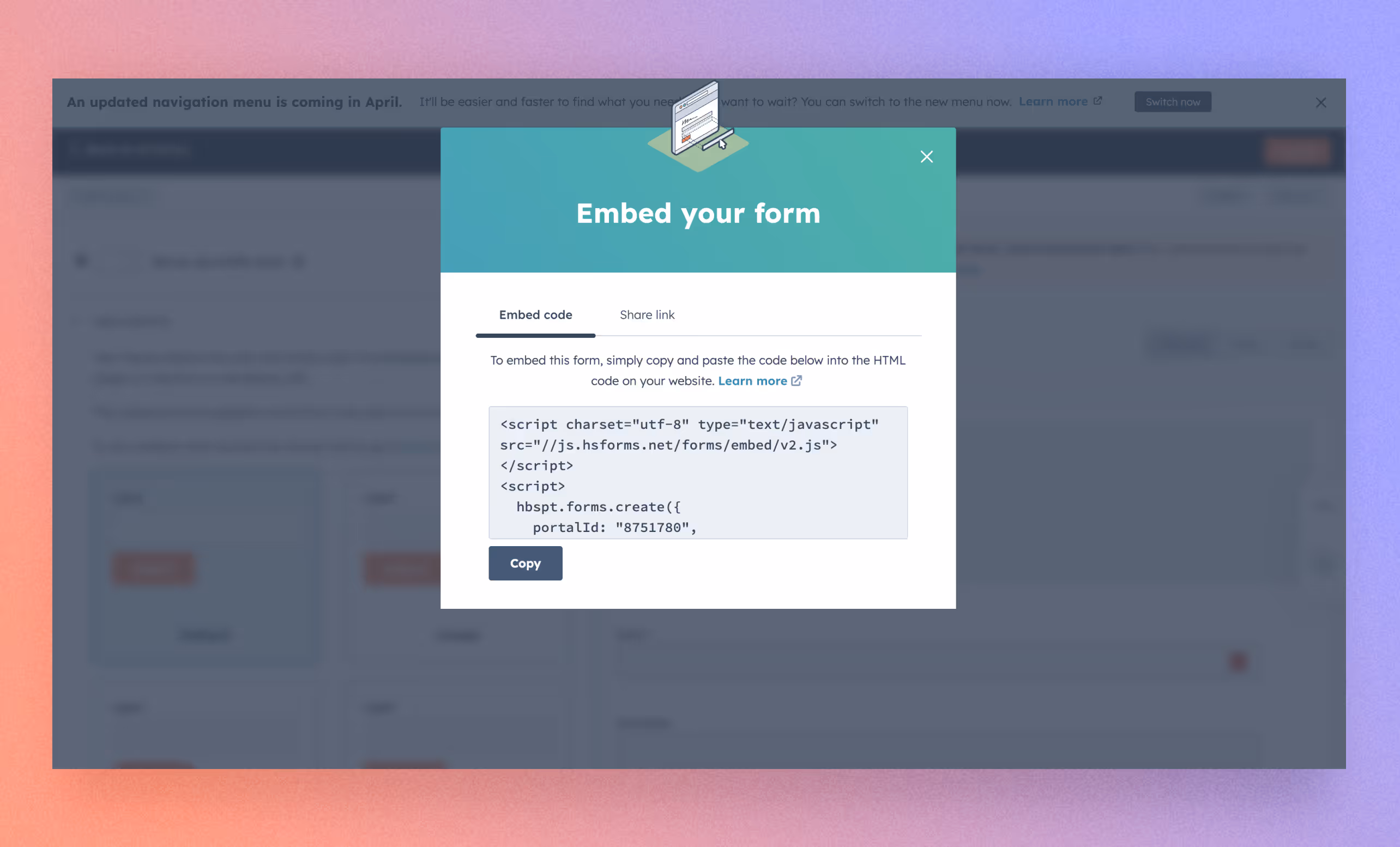 HubSpot embed code screen showing how to generate HTML code to paste into Webflow.