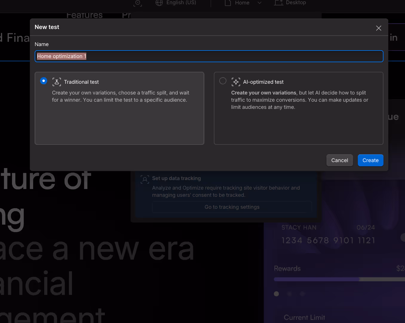 Image displaying new test with traditional and AI optimization options