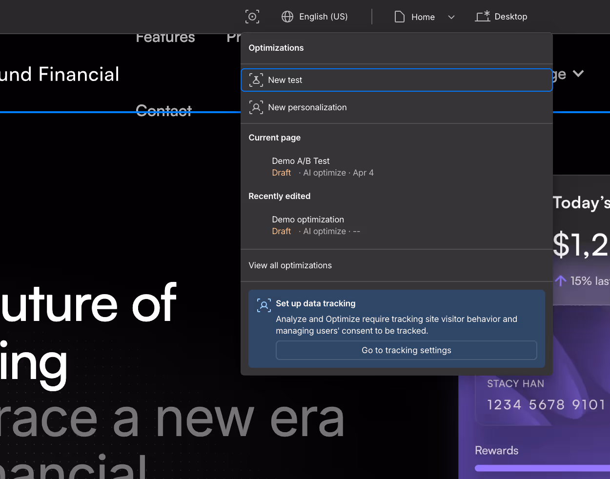 Image showing how to create a new test in Webflow Optimize