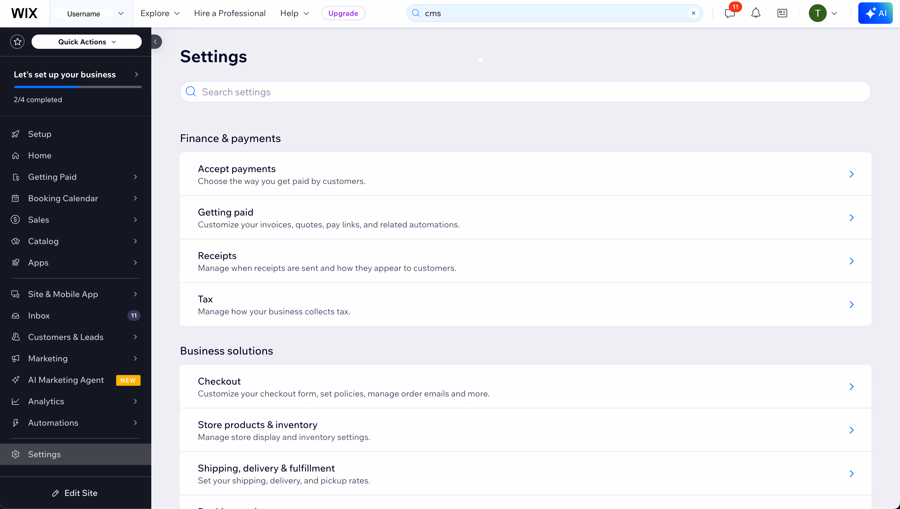 Image displaying Wix settings