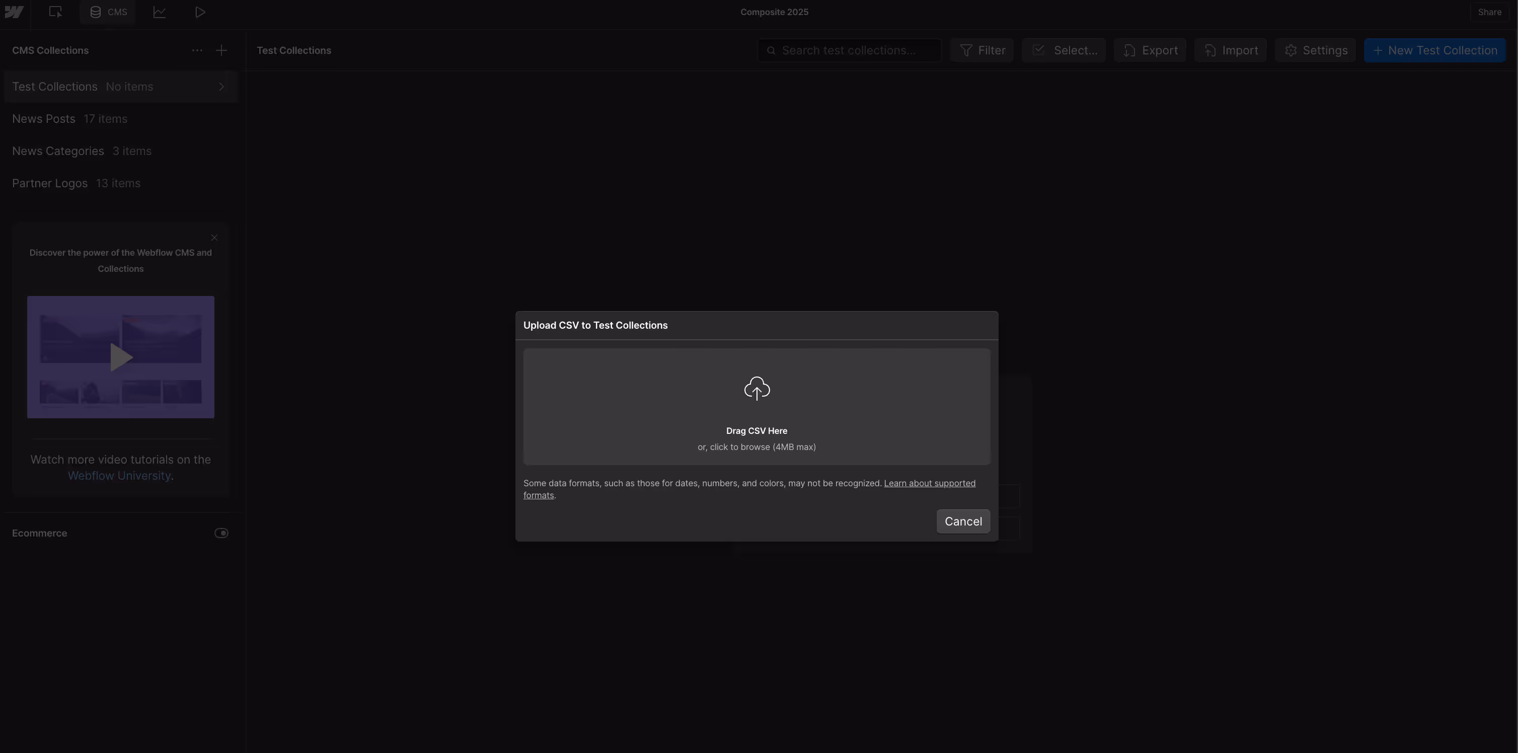 Image showing how to import CSV files into Webflow