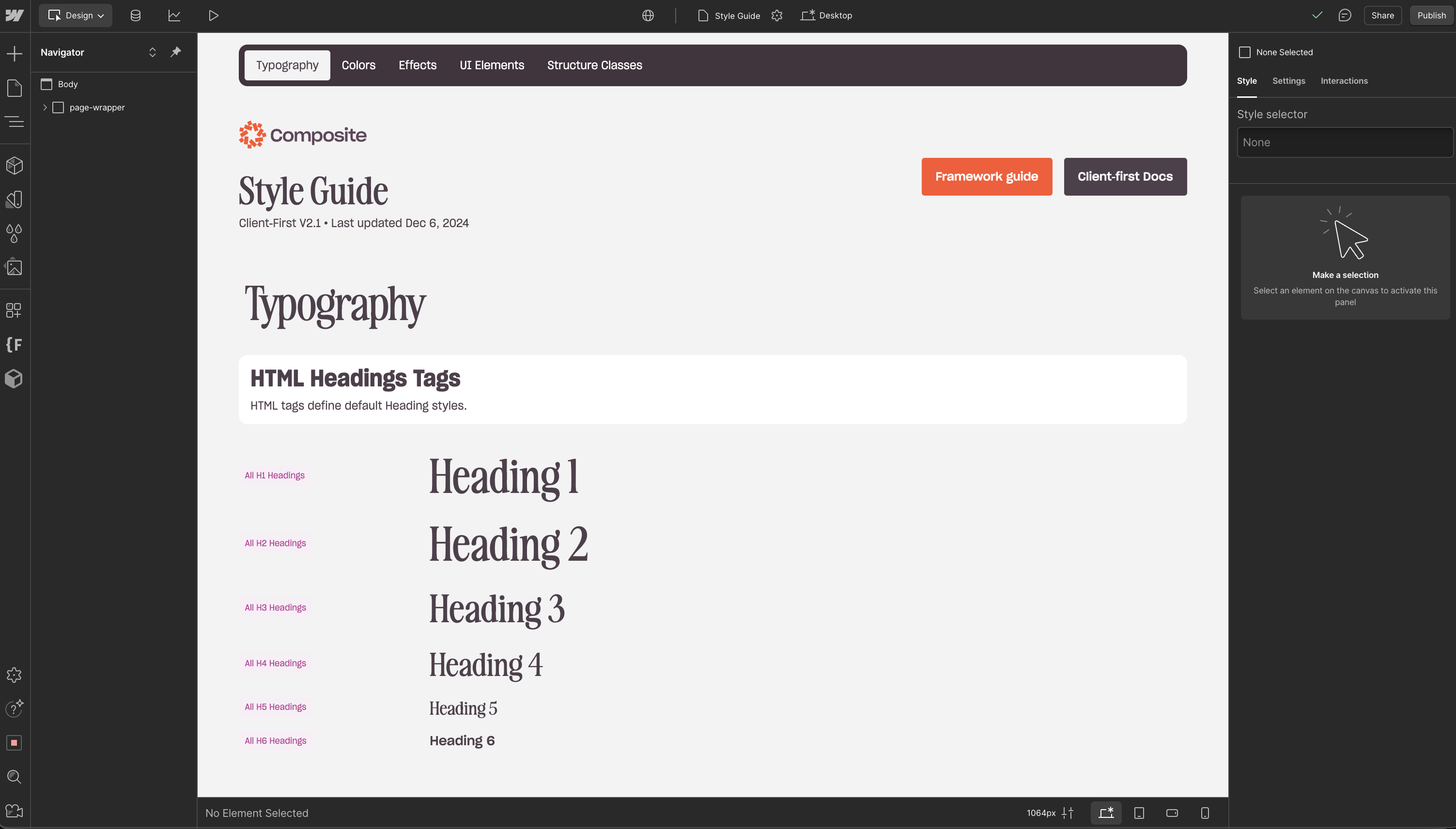 Screenshot of Style Guide created by Composite Global for use in a step-by-step guide on migrating rom Hubspot to Webflow