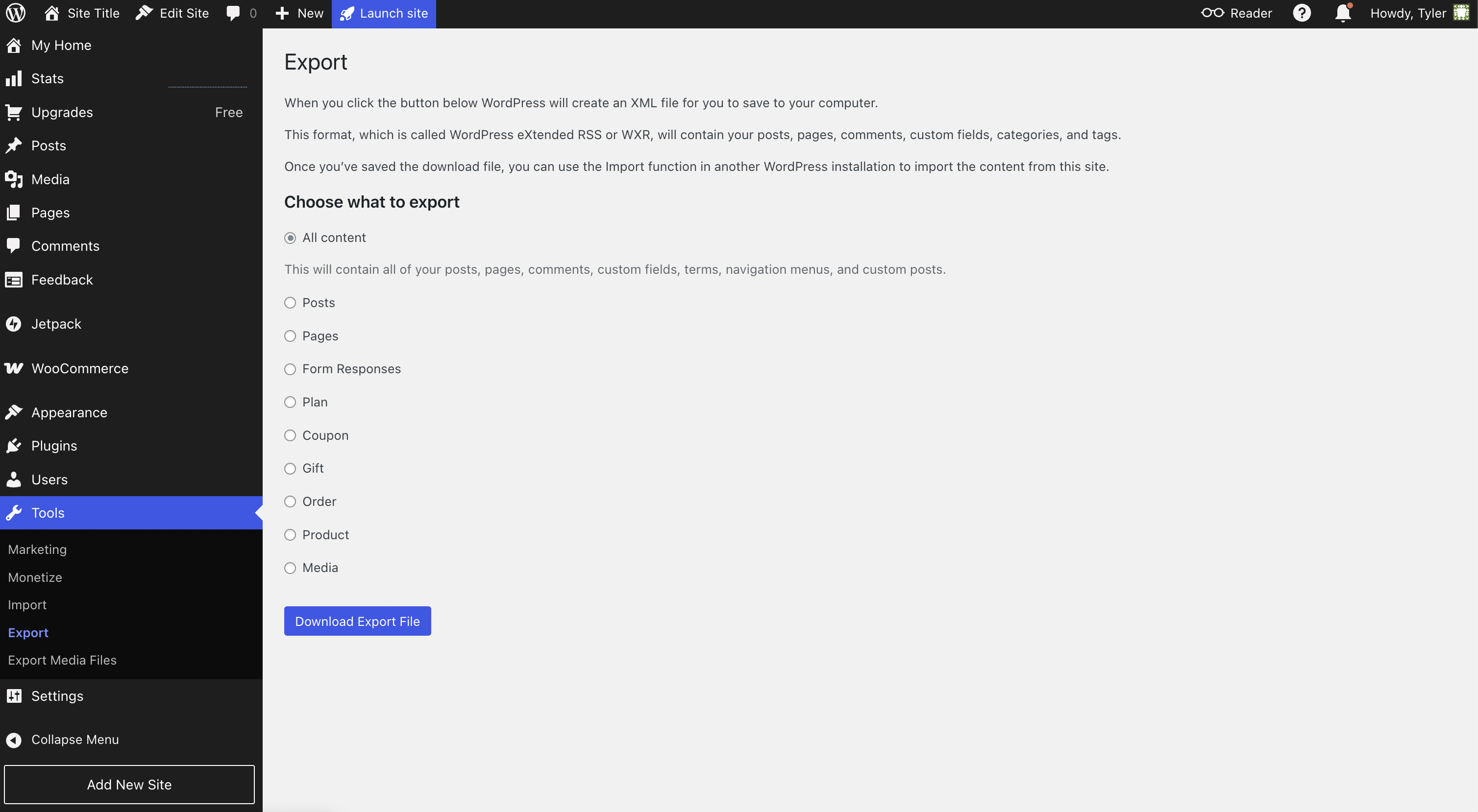 Image showing how to export files from Wordpress