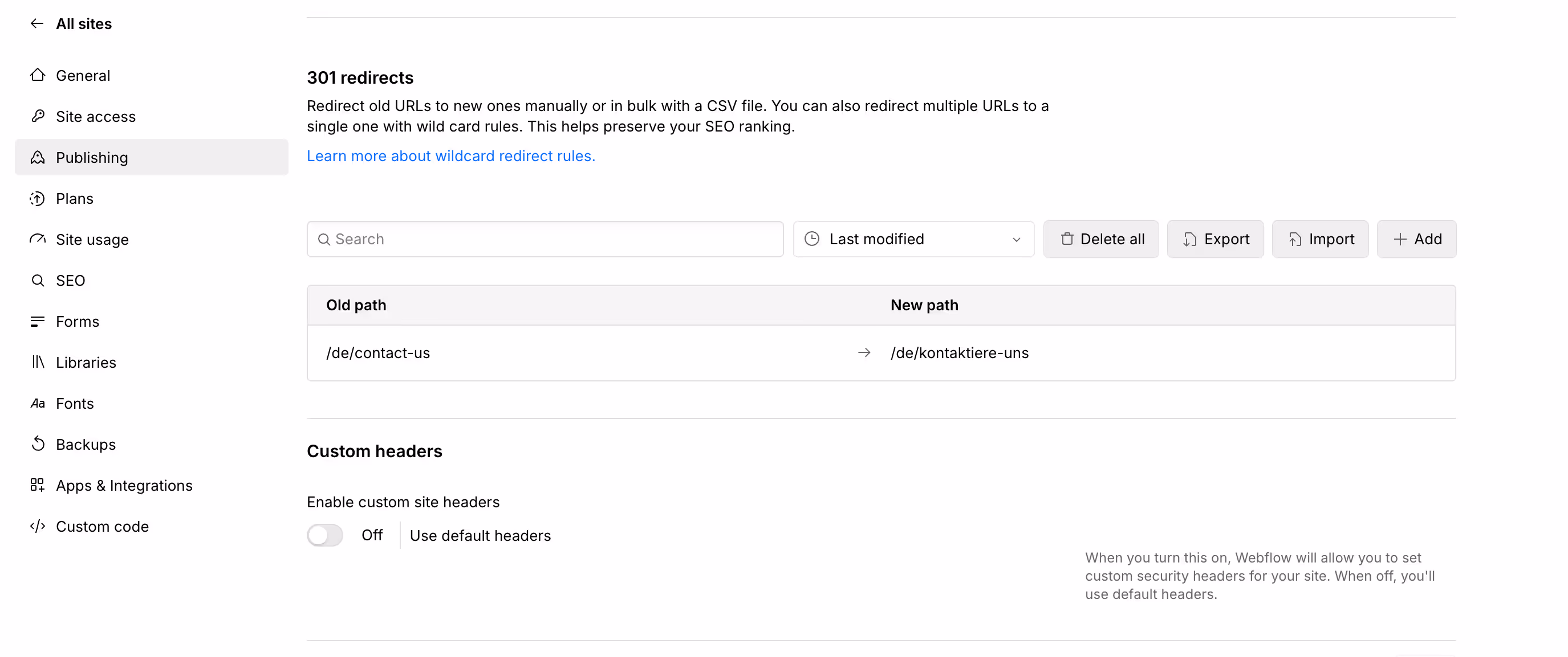 Image displays 301 redirects where users can set up new paths when links are changed.