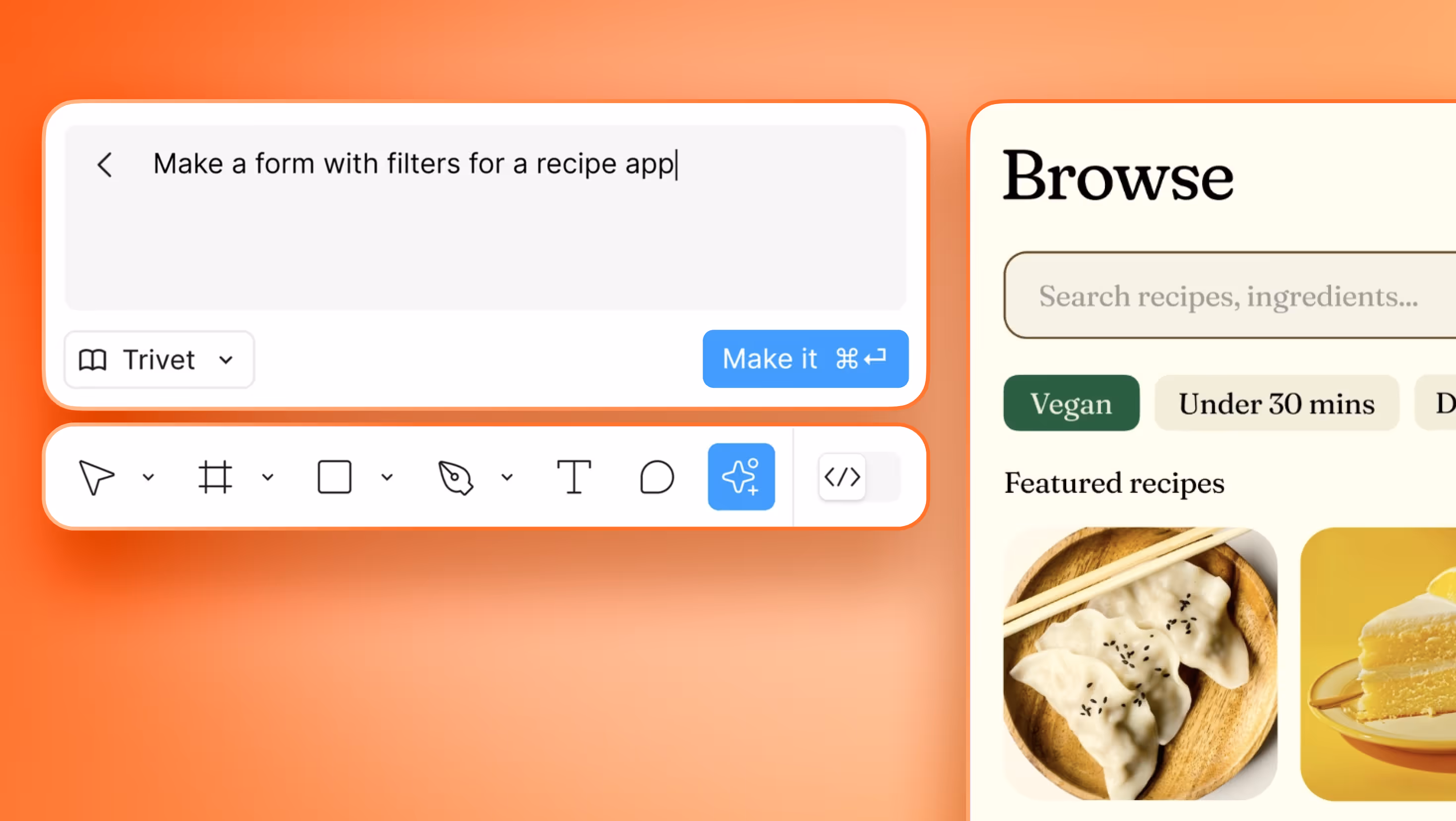 Graphic image showing Figma Make feature that lets users type prompts to build. For use in an article about how Figma's new AI tools are changing the future of web design.