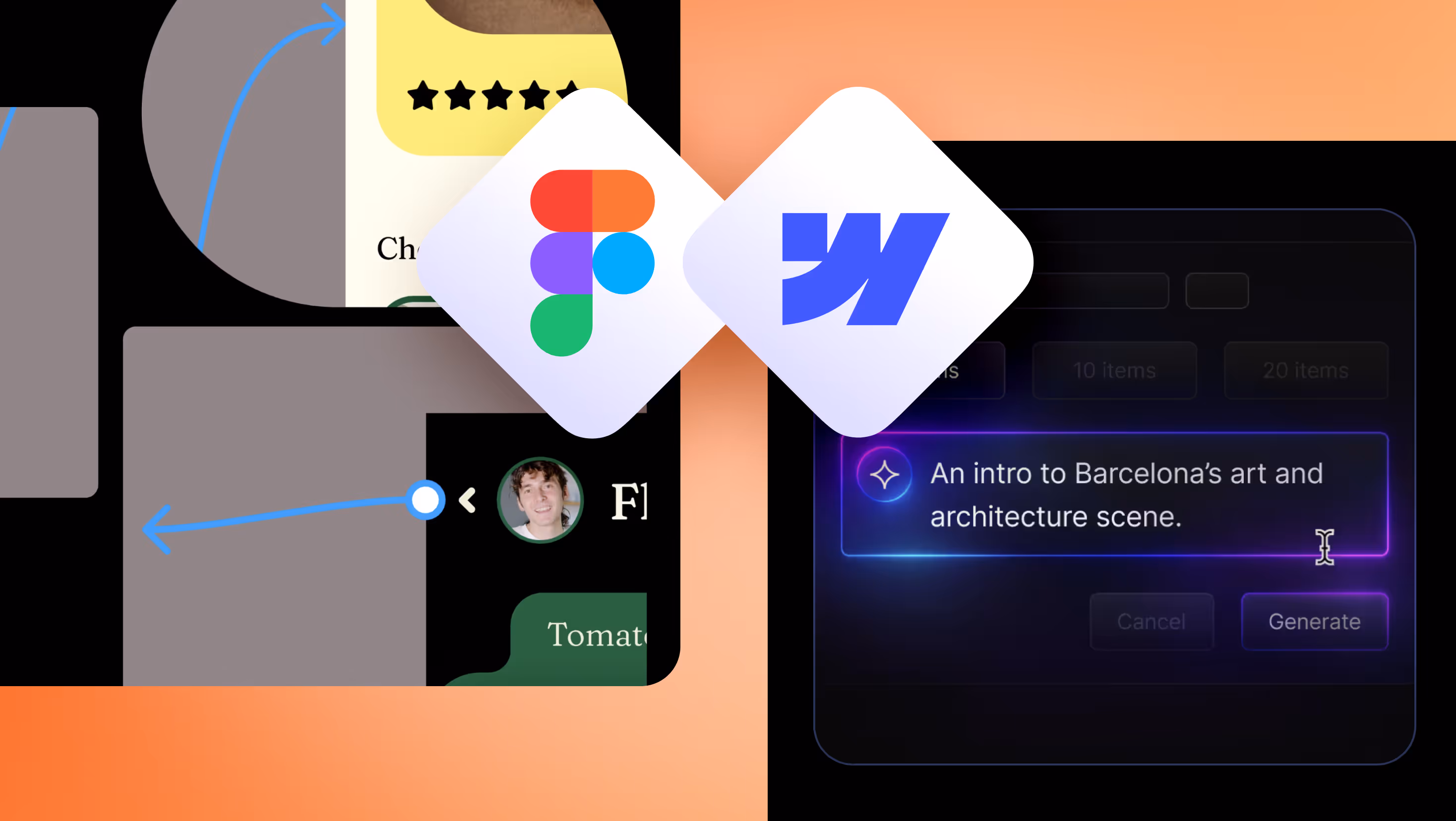 Graphic image shows Figma and Webflow logos connecting to represent Composite's integration of the tools in their work process. For use in an article about how Figma's new AI tools are changing the future of web design.