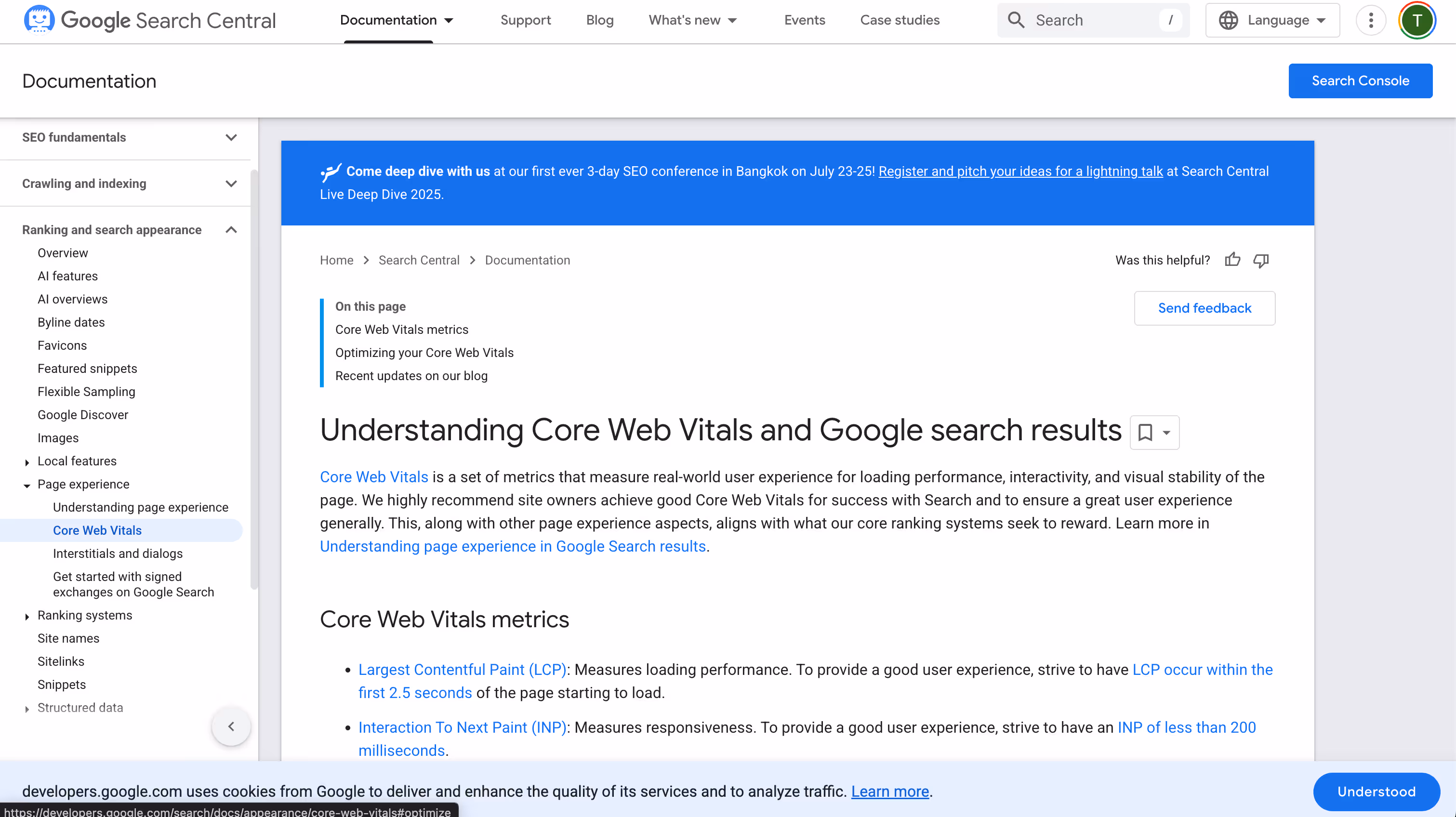 Screenshot of Google's Core Web Vitals page 