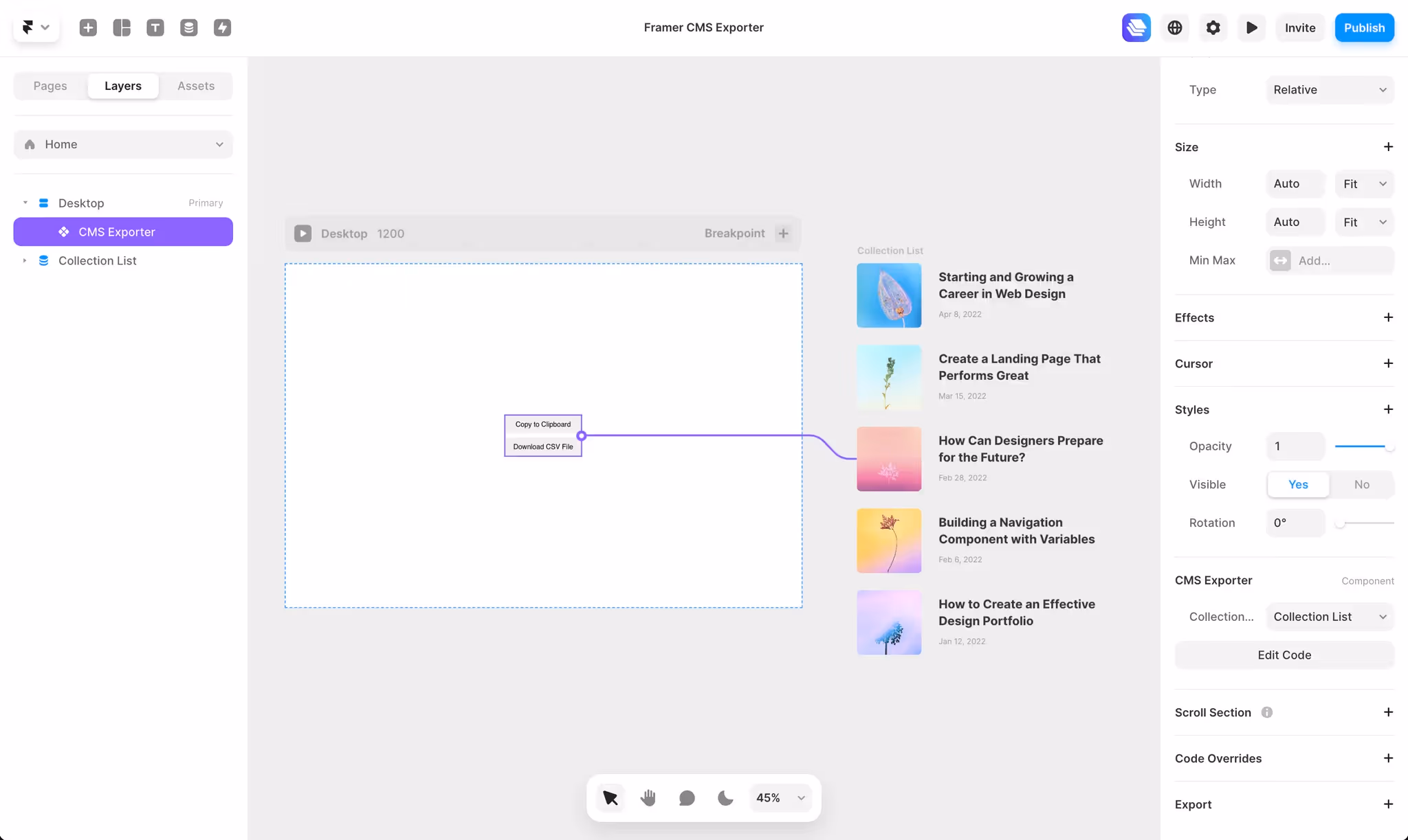 Screenshot of Framer's CMS exporter for use in a website migration guide from Framer to Webflow