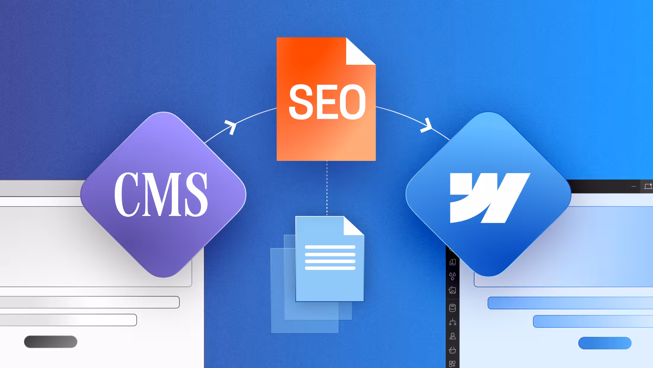 Graphic image depicts CMS and SEO tiles going into the Webflow tile to represent smooth migrations to Webflow.