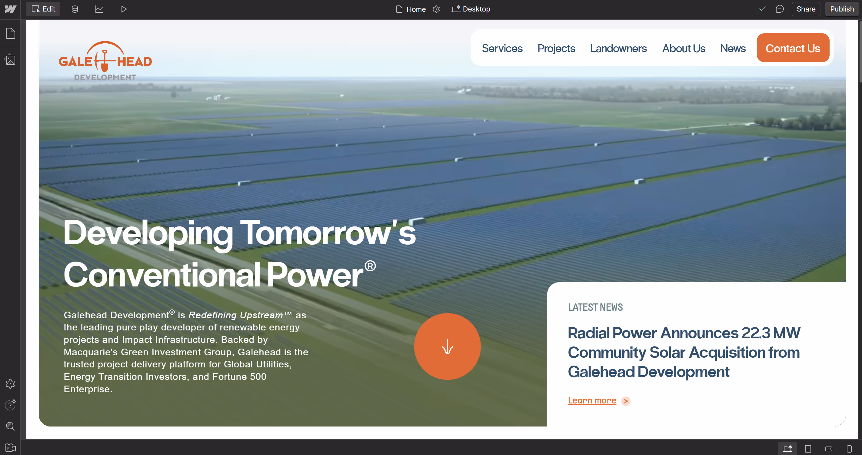Screenshot of Galehead's hero section, created by Composite