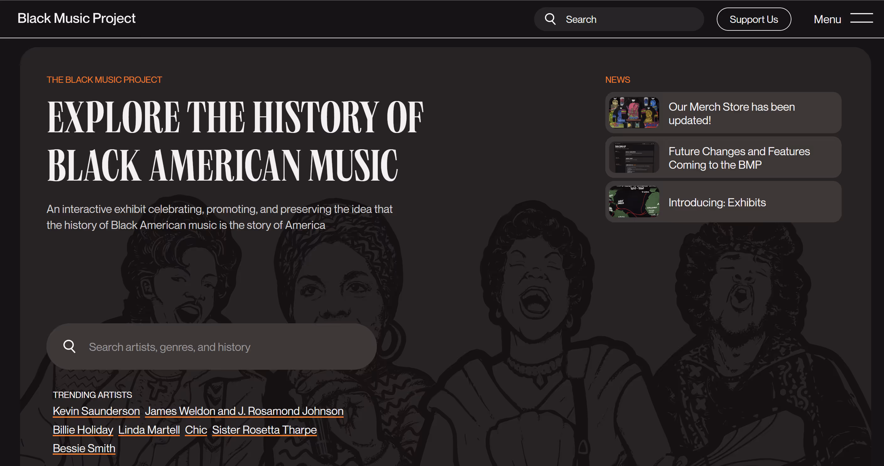 Screenshot of the Black Music Project homepage, showing the easy navigation and clear path created by Composite