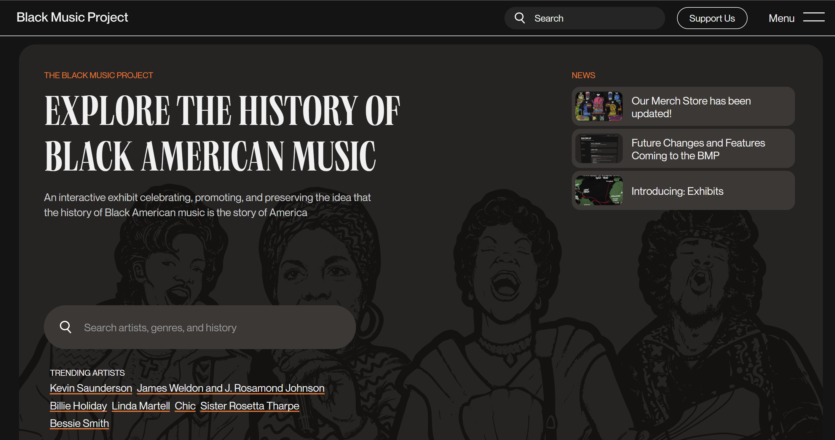 Screenshot of the Black Music Project homepage, showing the easy navigation and clear path created by Composite