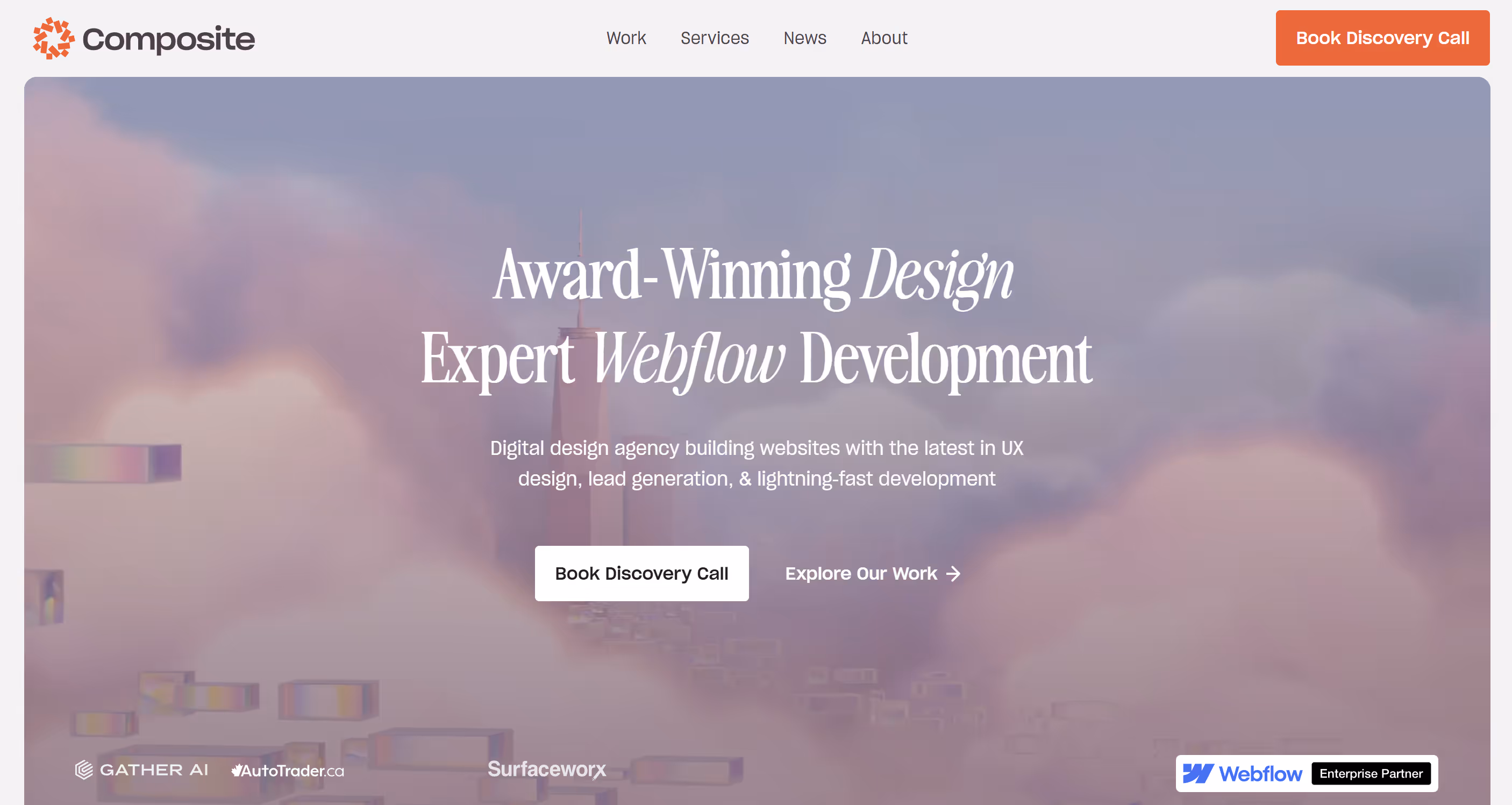 Screenshot of the Composite site homepage with a hero section that reads, "Award-Winning Design, Expert Webflow Development"
