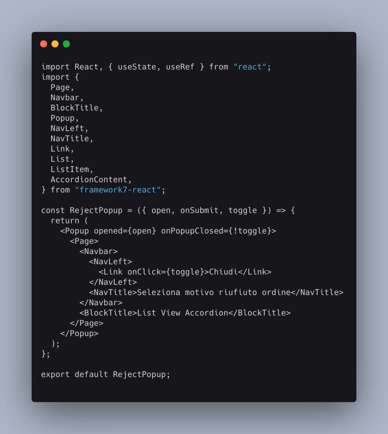 Screenshot of React JS code