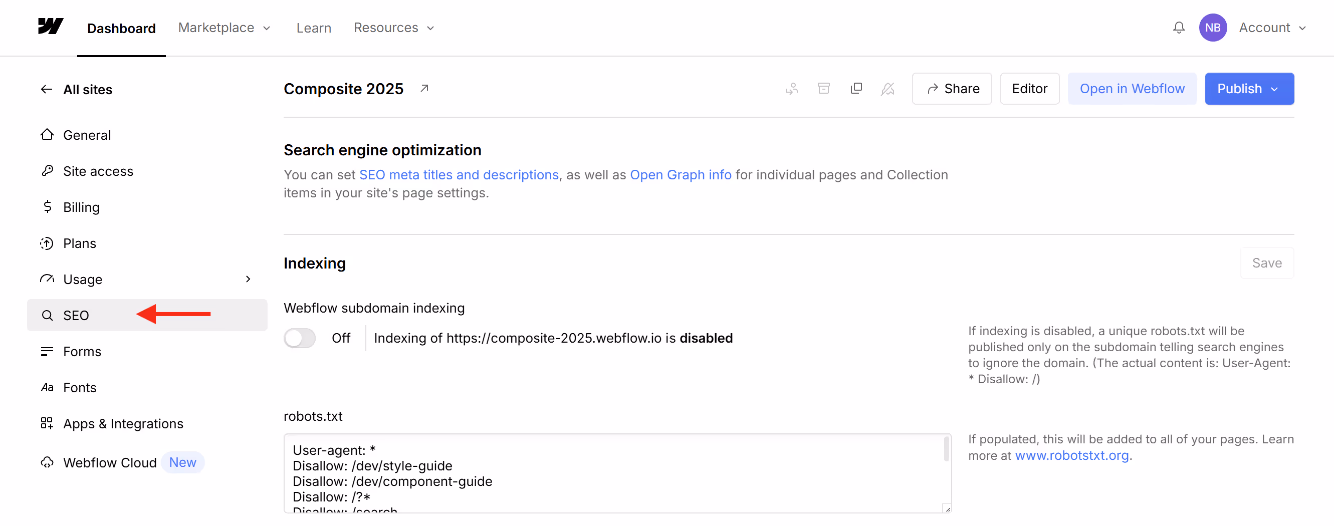 Screenshot of the Webflow Site Settings page with the SEO tab highlighted in the navigation menu.
