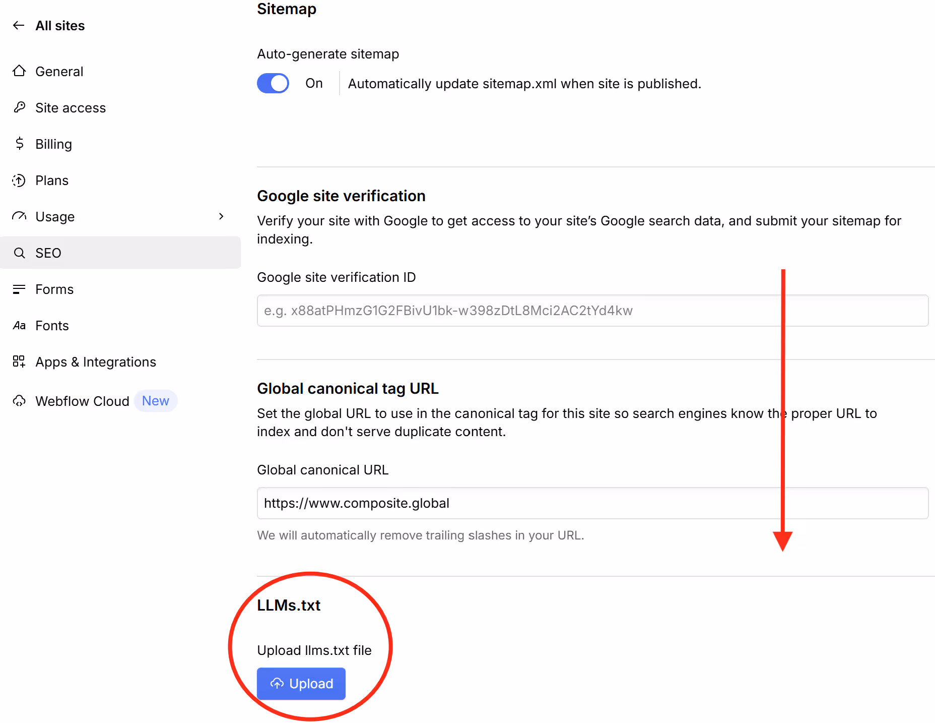 Screenshot showing where to upload your llms.txt file in Webflow
