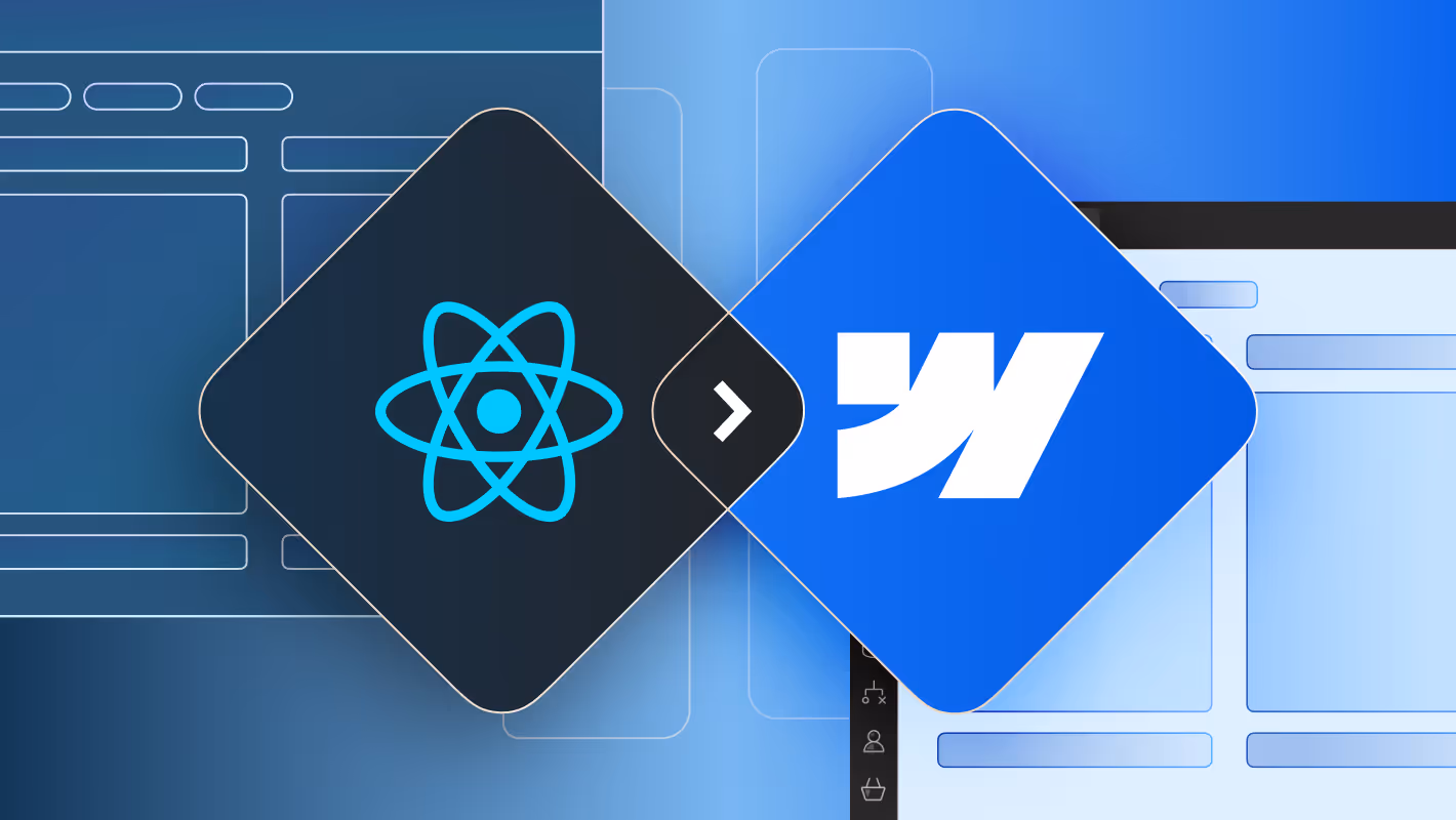 Graphic image of React JS and Webflow logos to represent a website migration from React JS to Webflow.