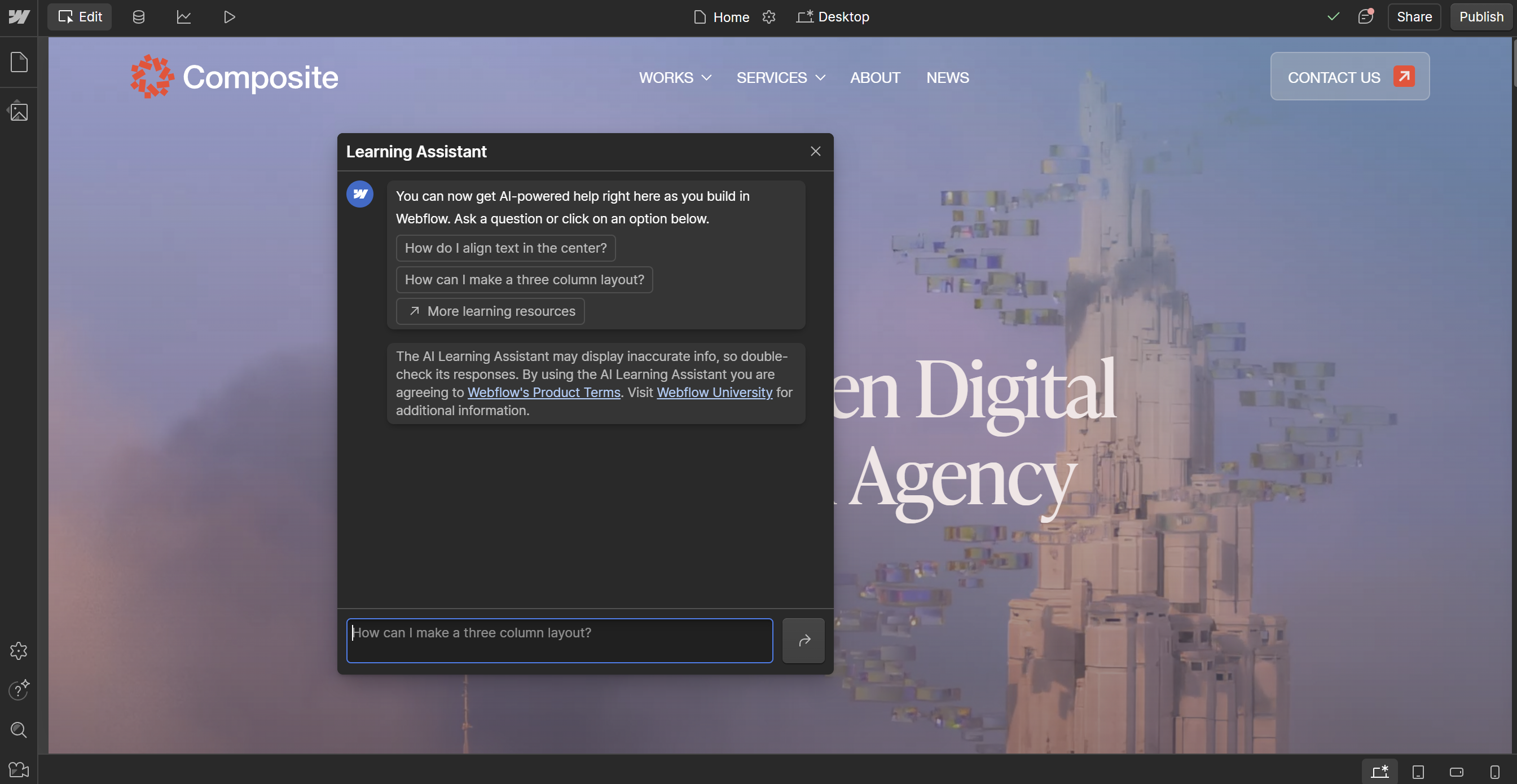 Screenshot of Webflow's AI Learning Assistant