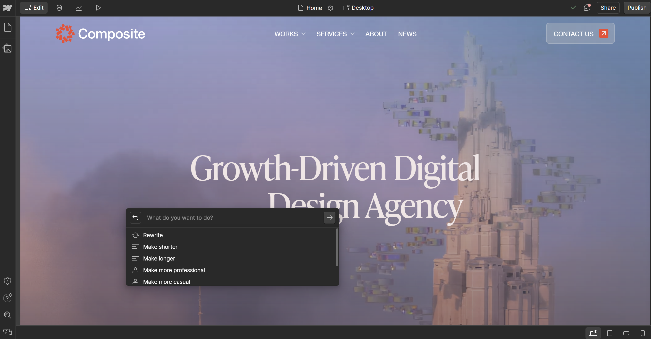 Screenshot of Webflow's AI web copy generator