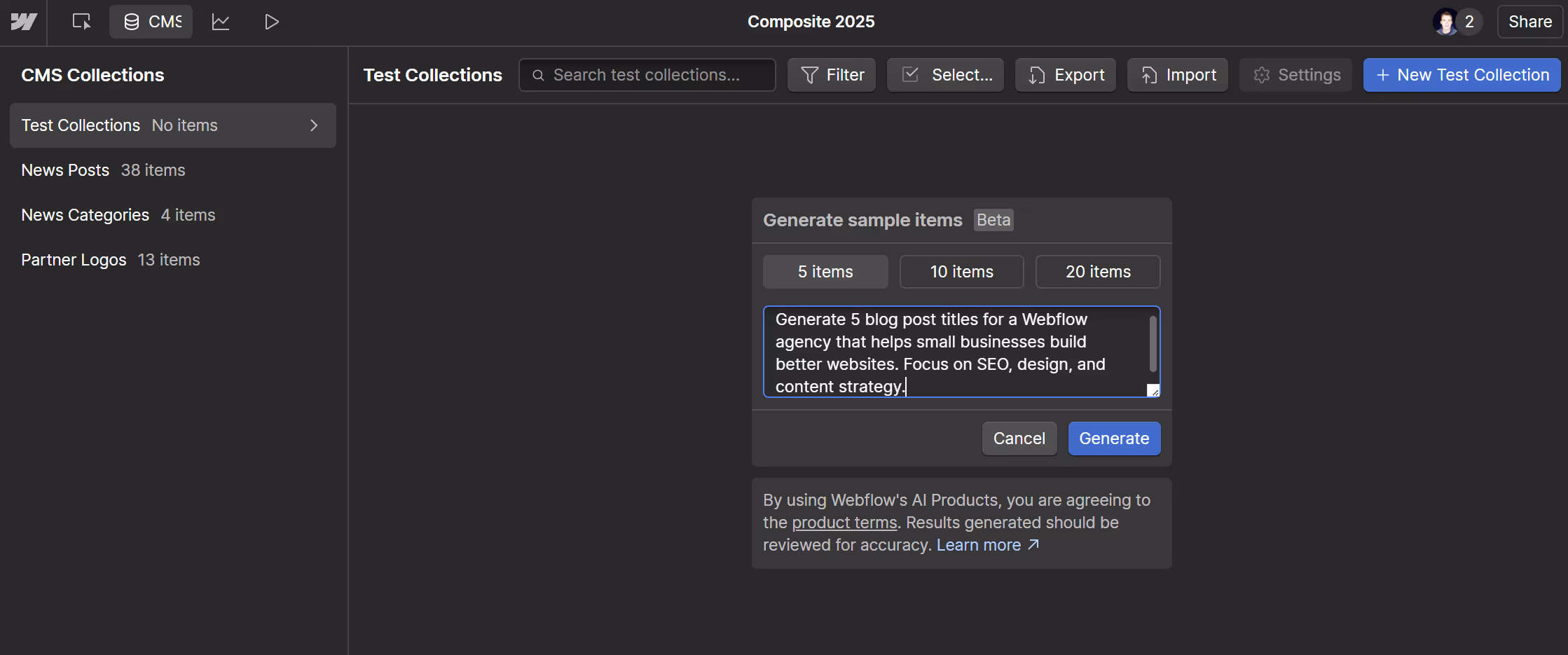 Screenshot of Webflow's AI CMS Item Creation tool, showing what prompt to submit