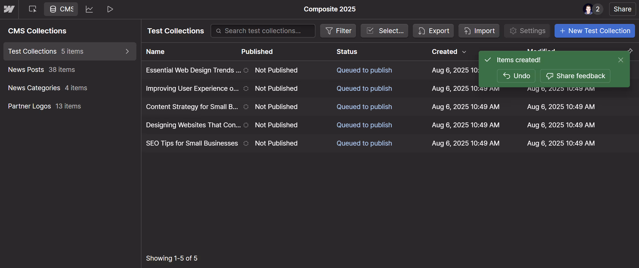 Screenshot of Webflow's AI CMS Item Creation tool, showing what the output from the above input