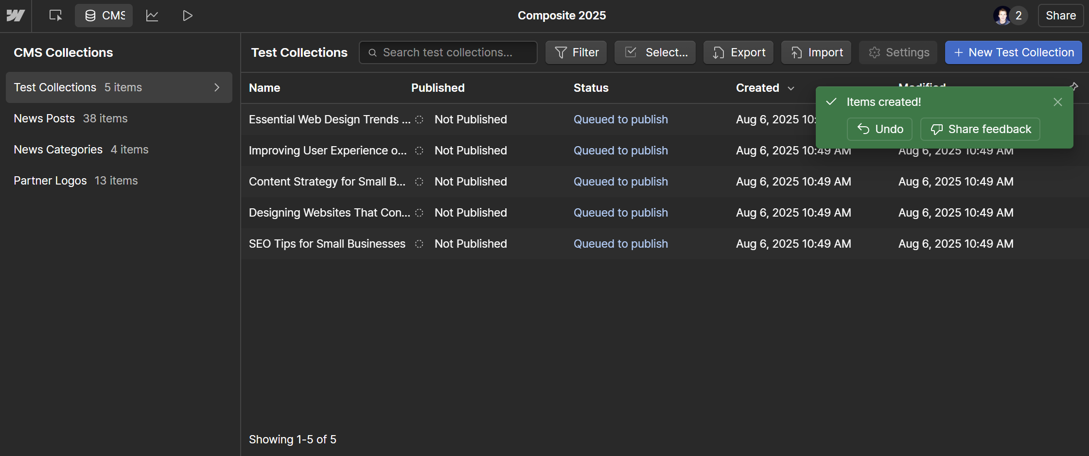 Screenshot of Webflow's AI CMS Item Creation tool, showing what the output from the above input